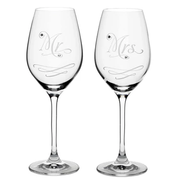 Esküvői kristály pohár szett  "Mr & Mrs" felirattal, Swarovski dísszel 360 ml