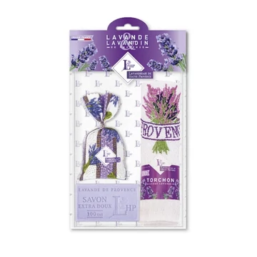 Levendulával töltött Lavande zsák 18g+levendulaszappan 100g+hímzett kéztörlő 40x60cm, pamut, LAV.LHP7UL19