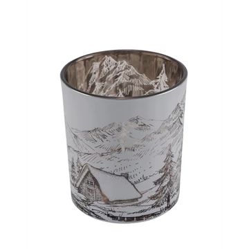 Fehér üveg mécsestartó házikóval hegyi tájon, 8,5x8,5x10cm, Geh.22402042 Fehér üveg mécsestartó házikóval hegyi tájon, 8,5x8,5x10cm, Geh.22402042