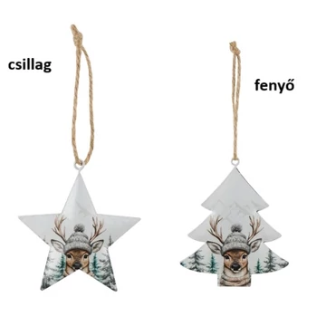 Fém függődísz fenyő/csillag, 8x0,5x9,5cm, kötöttsapkás szarvasfejjel, Geh.22501247