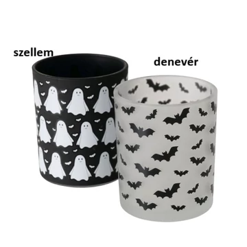 Halloween üveg mécsestartó fekete-fehér, 7x8,3cm, Ghostie, B.G.2058999