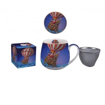 Porcelánbögre tetővel, fémszűrővel, 430ml, dobozban, Santa Balloon, D.G.35971
