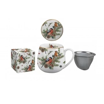 Porcelánbögre tetővel, fémszűrővel, 430ml, dobozban, Christmas Birds, D.G.36176