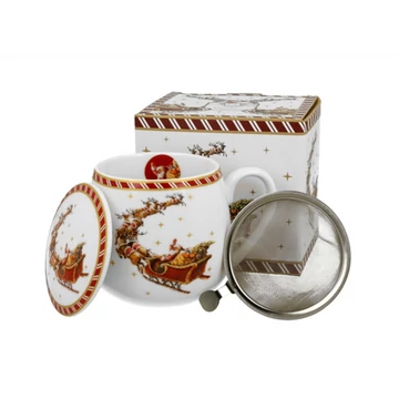 Porcelánbögre tetővel, fémszűrővel, 430ml, dobozban, Santa on Sleigh, D.G.36374