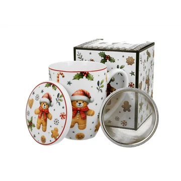 Porcelánbögre tetővel, fémszűrővel, 360ml, dobozban, Christmas Cuties, D.G.51025