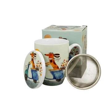 Porcelánbögre tetővel, fémszűrővel, 360ml, dobozban, Dog on a scooter, D.G.53845