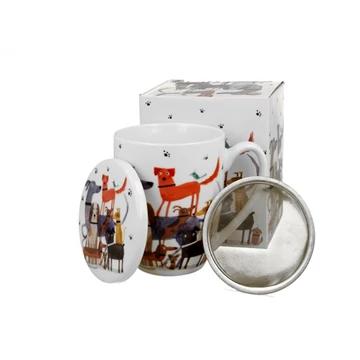 Porcelánbögre tetővel, fémszűrővel, 360ml, dobozban, Dog walk, D.G.53920