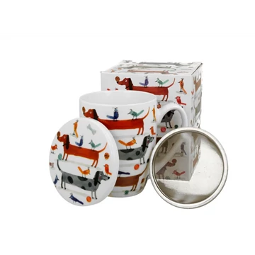 Porcelánbögre tetővel, fémszűrővel, 360ml, dobozban, Long Dogs, D.G.53968