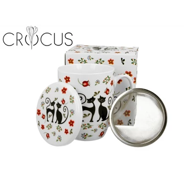 Porcelánbögre tetővel, fémszűrővel, 430ml, dobozban, Ethno Cats, D.G.64292
