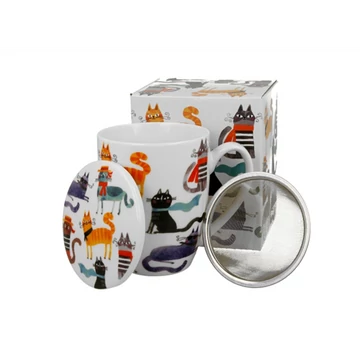 Porcelánbögre tetővel, fémszűrővel, 360ml, dobozban, Stylish Cats, D.G.66654