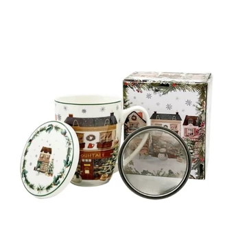 Porcelánbögre tetővel, fémszűrővel, 360ml, dobozban, Christmas City 2, D.G.69044