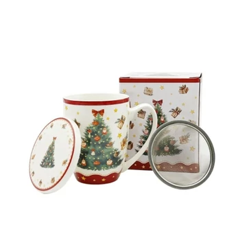 Porcelánbögre tetővel, fémszűrővel, 360ml, dobozban, Christmas Tree 3, D.G.69167