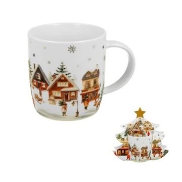 Porcelánbögre 400ml, fenyőfa díszcsomagolásban, Christmas Village, D.G.70804