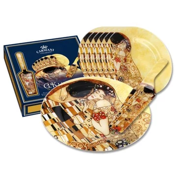 Üveg tortatál lapáttal 28cm, 6 desszerttányérral 20cm, Klimt: The Kiss, H.C.198-7100 Üveg tortatál lapáttal 28cm, 6 desszerttányérral 20cm, Klimt: The Kiss, H.C.198-7100