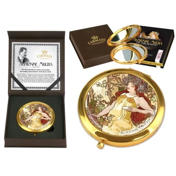 Kézi tükör nagyítós fémkeretben, dobozban, 11cm, Mucha:Ősz, H.C.181-1123