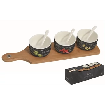 Kínáló fatálca 3 porcelántálkával és kanállal 37x9cm, World Of Party, R2S.894WOPA
