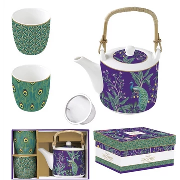 Porcelán teáskanna 600ml, fémszűrővel, 2 porcelánpohárral 160ml, dobozban, Imperial Peacock, Atmosphere, R2S.1467IMPP