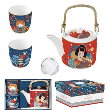Porcelán teáskanna 600ml, fémszűrővel, 2 porcelánpohárral 160ml, dobozban, Tokyo, Atmosphere, R2S.1467TOKY