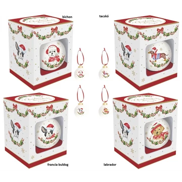 Kerámiagömb függődísz 7cm, dobozban, Christmas Dogs, R2S.2139XDOG