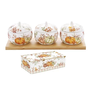 Porcelántálka fedővel, 3 db, tökformájú, bambusztálcán 28x9,5x9cm, dobozban, Harvest, R2S.1576HARV Porcelántálka fedővel, 3 db, tökformájú, bambusztálcán 28x9,5x9cm, dobozban, Harvest, R2S.1576HARV