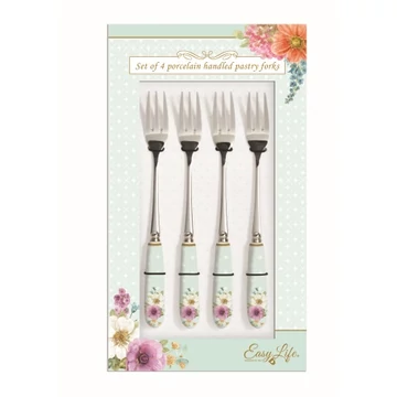 Rozsdamentes süteményes villaszett 4 db-os, porcelánnyéllel, Cottage Flowers, R2S.969COTT