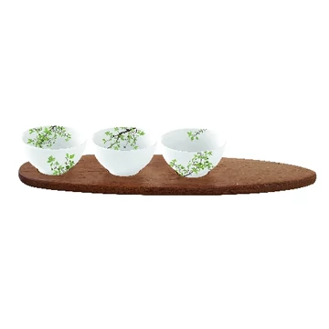 Porcelán 3db-os tálkaszett akácfa tálcán, 40x10,5cm, dobozban, Natura, R2S.1088NTRA