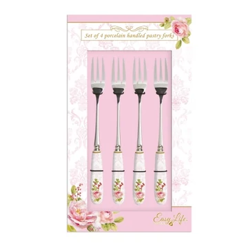 Rozsdamentes süteményes villaszett 4 db-os, porcelánnyéllel, Floral damask, R2S.969FLDA