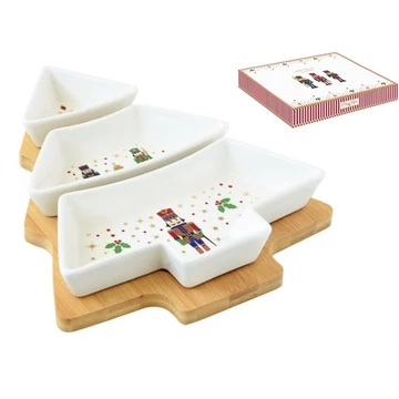 Fenyőfa porcelántál szett 3 részes, bambusztálcán 25,5x21cm, dobozban, Nutcracker, R2S.2180NUTC