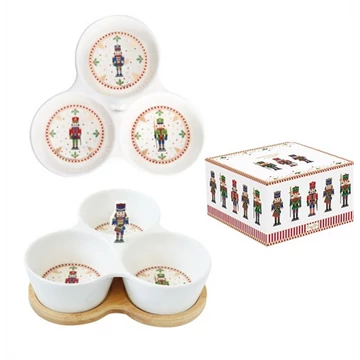 Porcelán 3 részes kínálótálka bambusztálcán 20,5x17cm, dobozban Nutcracker, R2S.2181NUTC