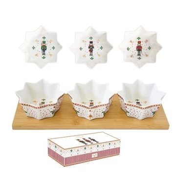 Porcelán csillagtálka szett 3 db-os, bambusztálcán, 34x12cm, Nutcracker, R2S.2183NUTC