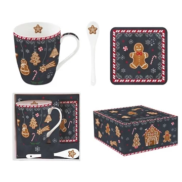 Porcelánbögre 350ml porcelánkanállal, parafa poháralátéttel, dobozban, Gingerbread, R2S.1045GING