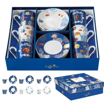 Porcelán eszpresszócsésze+alj 6 személyes 100ml dobozban,Aquarium, Coffee Mania, R2S.126AQRM