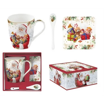 Porcelánbögre 350ml kanállal, parafa poháralátéttel, dobozban, Sant Is Coming, R2S.1045SANC
