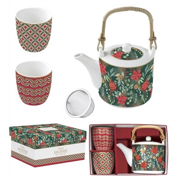 Porcelán teáskanna 600ml, fémszürővel, 2 porcelánpohárral 160ml, dobozban, Atmosphere, Christmas Joy, R2S.1467CJOY