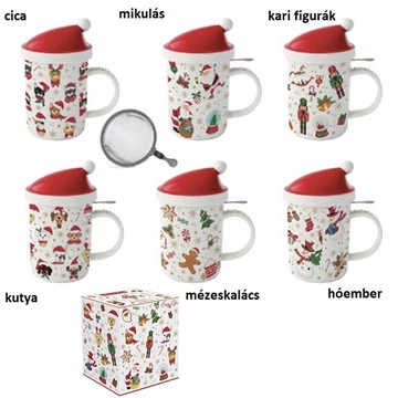 Porcelánbögre 370ml, tetővel, fémszűrővel,dobozban, Christmas Friends, R2S.1345CRFR