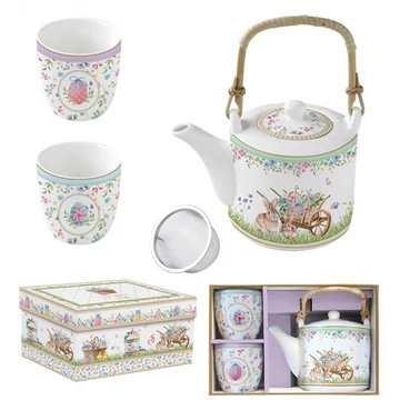 Porcelán teáskanna 600ml, fémszürővel, 2 porcelánpohárral 160ml, dobozban,Spring Bloom, R2S.1467SPBL