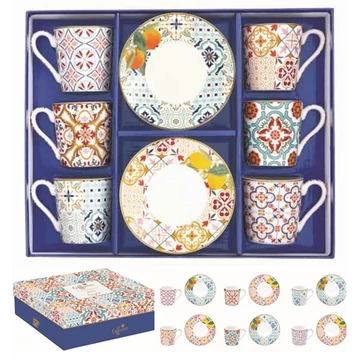 Porcelán eszpresszócsésze+alj 6 személyes, 100ml, dobozban, Coffee Mania, Siracusa, R2S.126SIRA