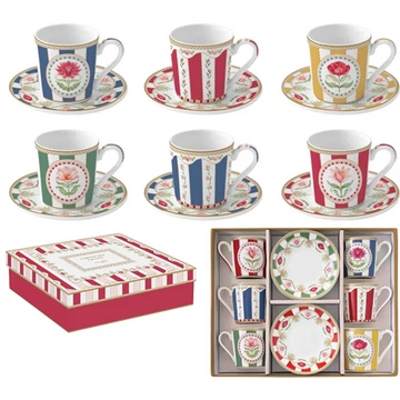 Porcelán eszpresszócsésze+alj 6 személyes, 100ml, dobozban, Coffee Mania, Flowery, R2S.126FLRY