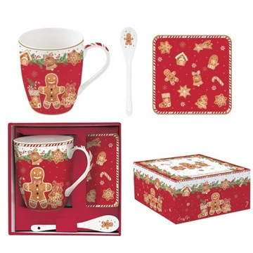 Porcelánbögre 350ml porcelánkanállal, parafa poháralátéttel, dobozban, Fancy Gingerbread, R2S.1045FANG