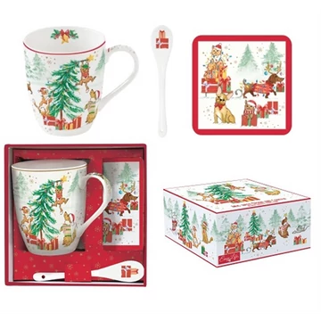 Porcelánbögre 350ml kanállal, parafa poháralátéttel, dobozban, Christmas Gang, R2S.1045CHGA
