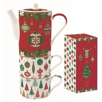 Porcelán bögreszett 2 db, 240ml, teáskannával 500ml, egymásba sorolós, dobozban, Jingle Bells, R2S.1346JING