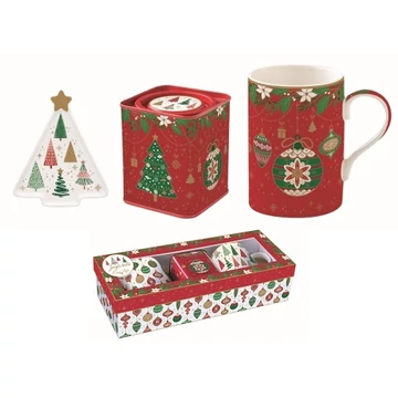 Porcelánbögre 350ml, +teafiltertartó 8,5x10,5cm+fémdoboz 7,5x7,5x9cm, ajándékszett dobozban, Jingle Bells, Atmosphere, R2S.1498JING