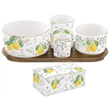 Porcelán kínálótálka szett 4db-os(dia:12/8/6,5/4,5cm),akácfa tálcán 29x13cm, dobozban, Fleurs et Citrons, R2S.2073FCIT