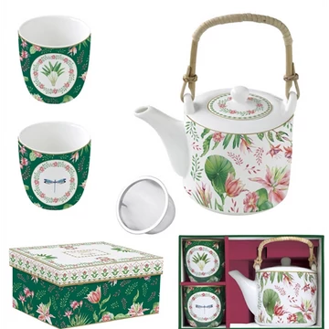 Porcelán teáskanna 600ml, fémszürővel, 2 porcelánpohárral 160ml, dobozban, Botanical Chic, R2S.1467BOCH