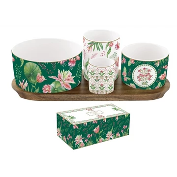 Porcelán kínálótálka szett 4db-os(dia:12/8/6,5/4,5cm),akácfa tálcán 29x13cm, dobozban, Botanic Chic, R2S.2073BOCH