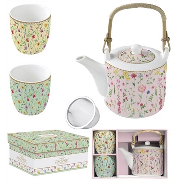 Porcelán teáskanna 600ml, fémszűrővel, 2 porcelánpohárral 160ml, dobozban, Meadow Flowers, Atmosphere, R2S.1467MFLO