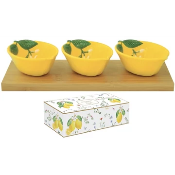Sárga citrom porcelán tálkaszett 3db-os, bambusztálcán 25x9,5cm, dobozban, Fleurs et Citrons, R2S.3033FCIT