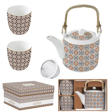 Porcelán teáskanna 600ml, fémszürővel, 2 porcelánpohárral 160ml, dobozban, Atmosphere, Geoethnic, R2S.1467GEOE