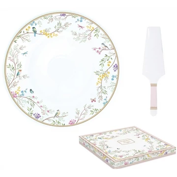 Porcelán tortatál lapáttal, 32cm, dobozban, Birds Melody, R2S.1112BIME