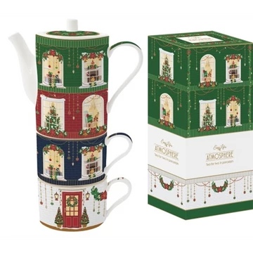 Porcelán bögreszett 2 db, 240ml, teáskannával 500ml, egymásba sorolós, dobozban, Festive Avenue, Atmosphere, R2S.1346FEAV